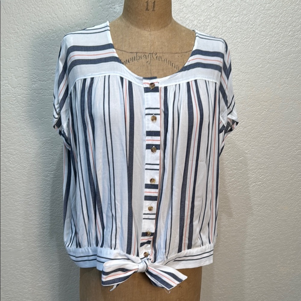 Ana Women White Blue‎ Striped Button-Down Tie-Front Short Sleeve Top XL